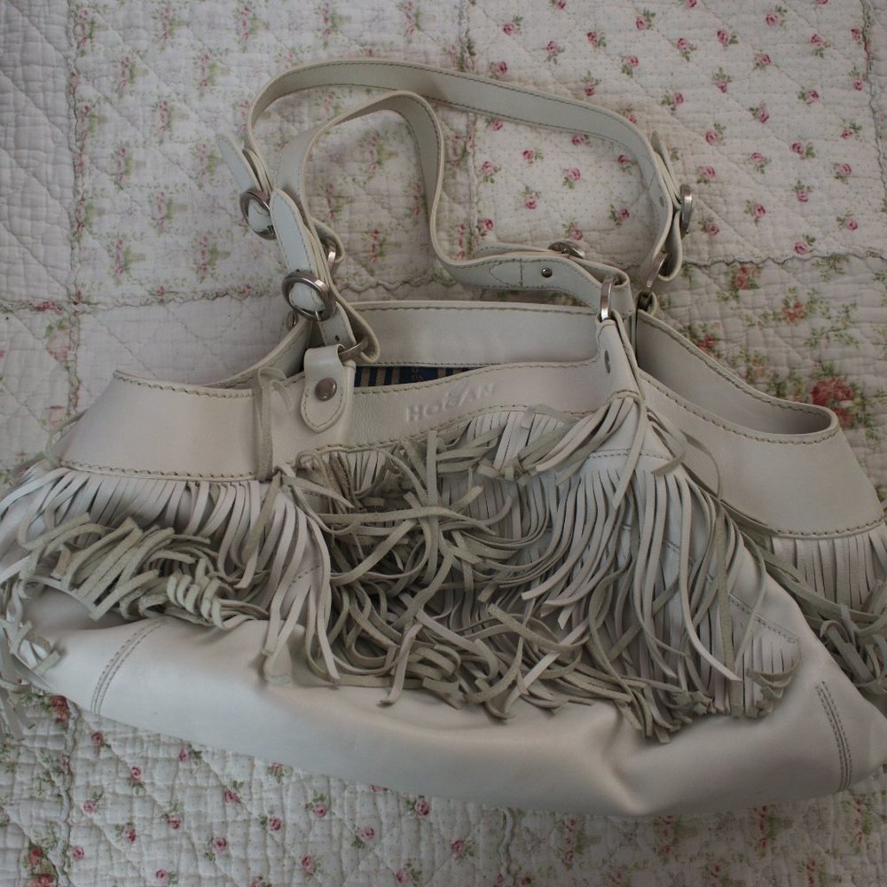 Hogan White Leather Tassel Handbag